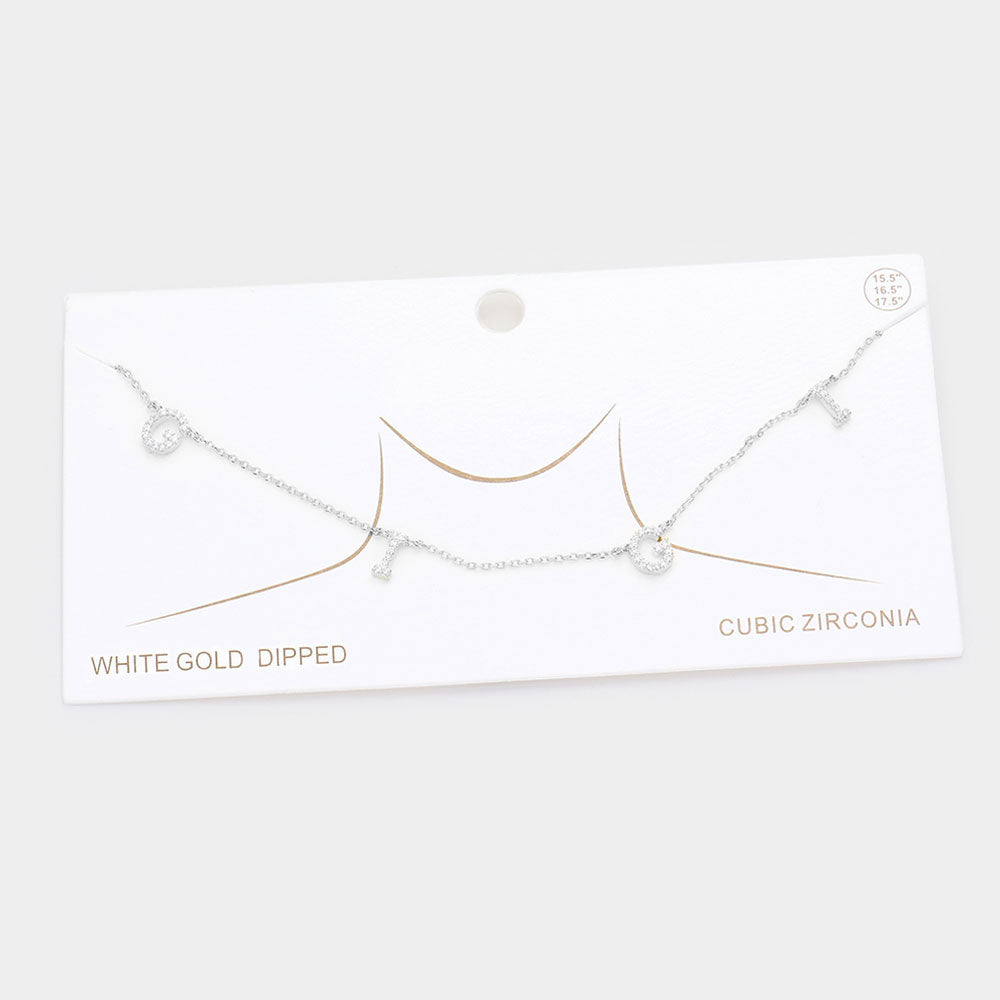 White Gold Dipped CZ GIGI Message Pendant Necklace