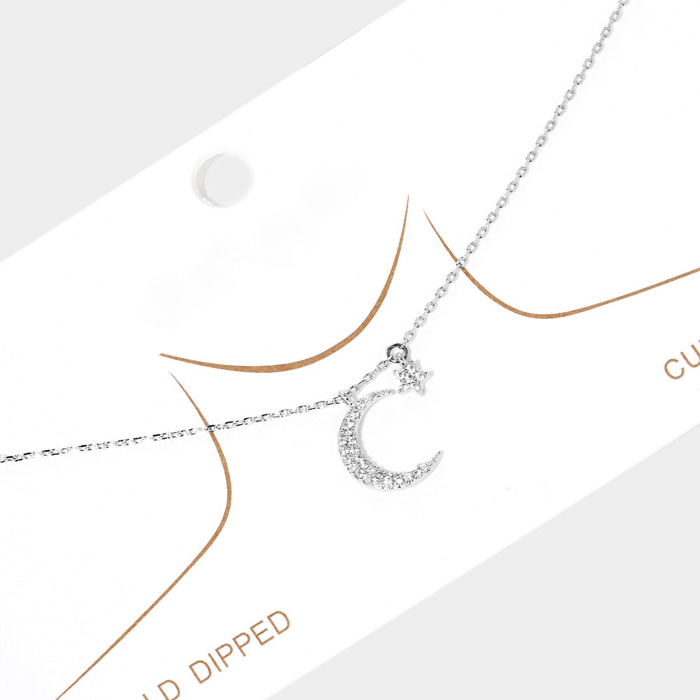 White Gold Dipped Cubic Zirconia Moon Star Pendant Necklace