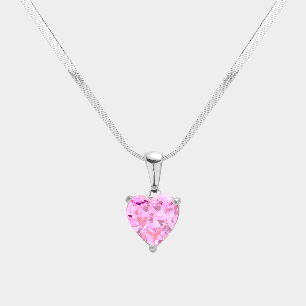 Stainless Steel CZ Heart Pendant Necklace