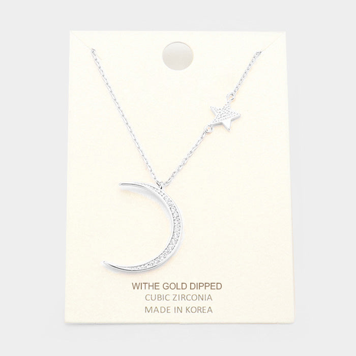 White Gold Dipped Cubic Zirconia Moon Star Pendant Necklace