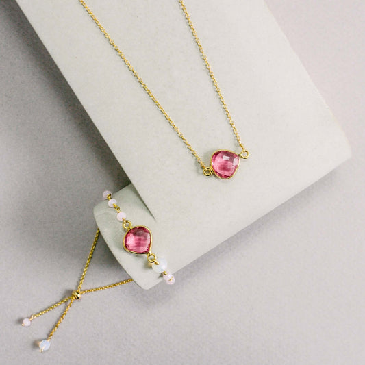 Pink Tourmaline Quartz Bracelet And Necklace Set