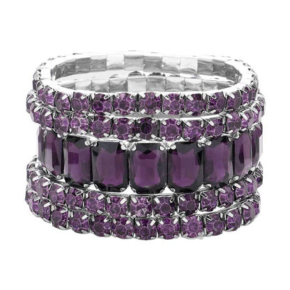 Women's 5Pcs Rectangle Round Stone Stretch Multi Layered Bracelets