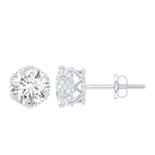 1 Carat Round Cubic Zirconia Crown Stud Earrings In Silver
