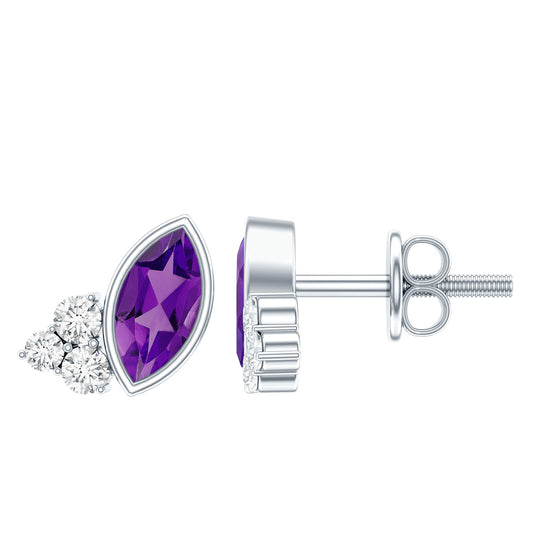 Marquise Cut Amethyst Stud Earrings With Lab Diamond In Sterling Silver