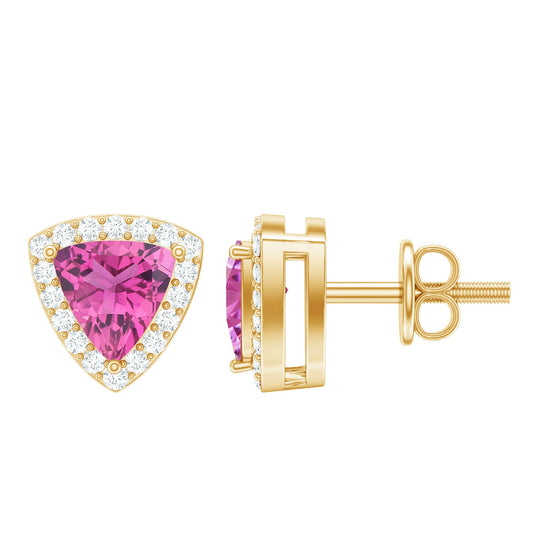 Real Trilliant Cut 1 Carat Pink Tourmaline Stud Earrings With Lab Diamond