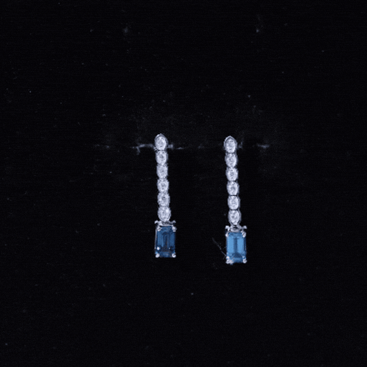 Half Carat Emerald Cut London Blue Topaz Dangle Drop Earrings With Diamond