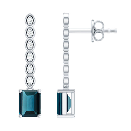 Half Carat Emerald Cut London Blue Topaz Dangle Drop Earrings With Diamond