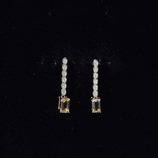 Emerald Cut Citrine And Diamond Bar Drop Earrings In Silver