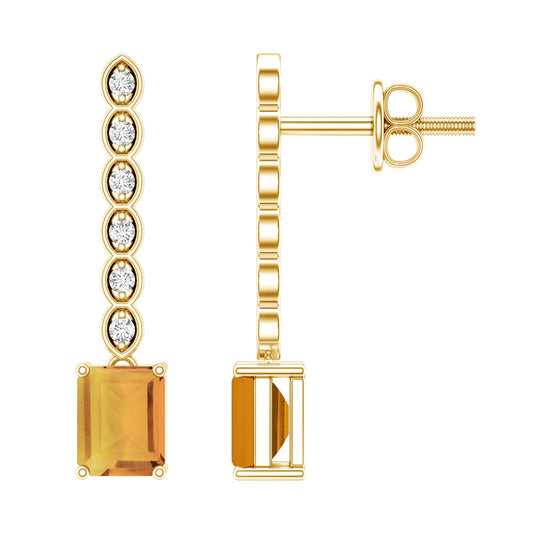 Emerald Cut Citrine And Diamond Bar Drop Earrings In Silver