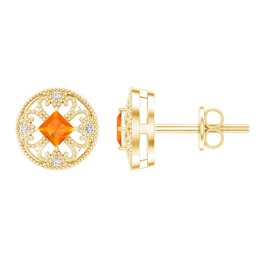 Antique Style 0.6 Carat Fire Opal Circle Stud Earrings With Lab Diamond