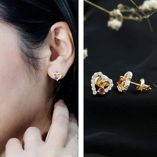 Sterling Silver Rhodolite Diamond Heart Stud Earrings