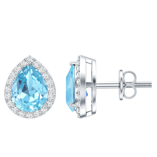 Real 0.89 Carat Aquamarine And Diamond Stud Earrings In Silver