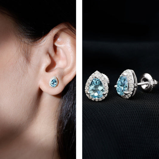 Real 0.89 Carat Aquamarine And Diamond Stud Earrings In Silver