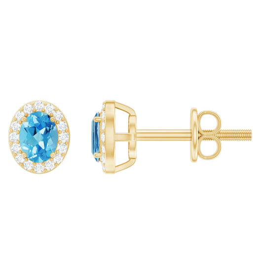 Natural Swiss Blue Topaz Stud Earrings With Diamond Halo