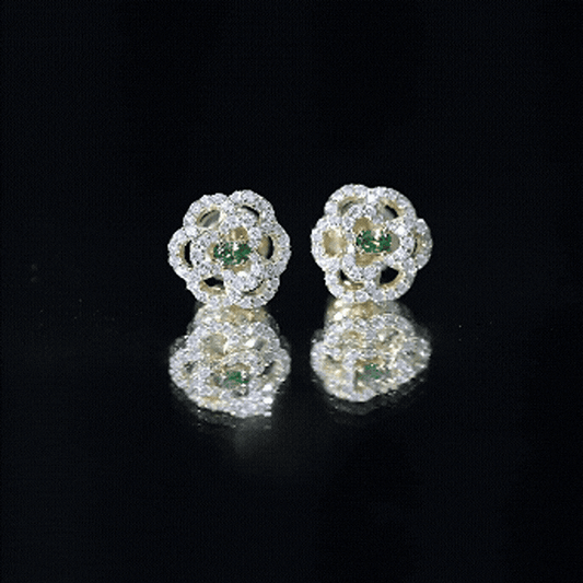 Yellow Gold Plated Silver Lab Grown Emerald Diamond Flower Stud Earrings For Women