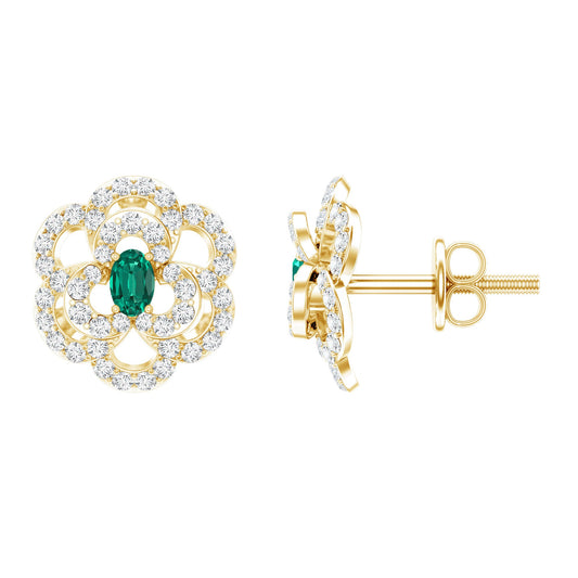 Yellow Gold Plated Silver Lab Grown Emerald Diamond Flower Stud Earrings For Women