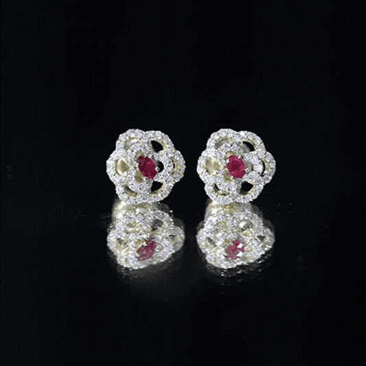 Certified Real Ruby Flower Stud Earrings With Diamonds