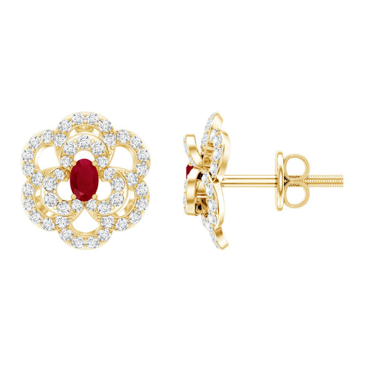 Certified Real Ruby Flower Stud Earrings With Diamonds