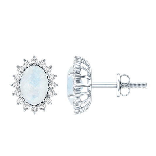 Genuine 2 Carat Moonstone And Diamond Halo Stud Earrings