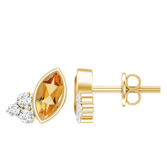 Bezel Set Citrine Marquise Stud Earrings With Diamonds