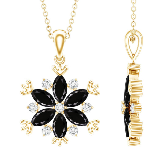 Certified Black Spinel And Diamond Flower Necklace With Silver Chain