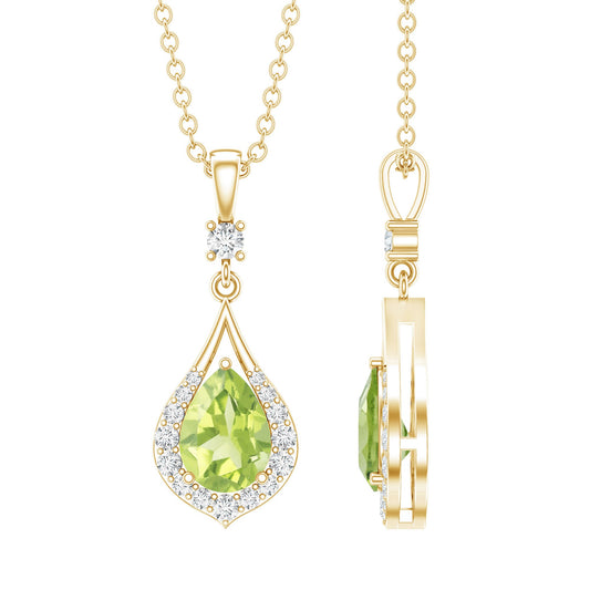 Certified Peridot And Diamond Teardrop Necklace In Gold Plated Silver
