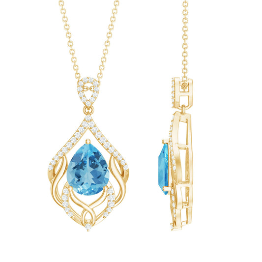 2.2 Carat Swiss Blue Topaz Designer Wedding Necklace With Lab Diamond