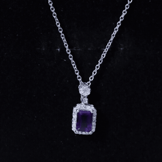 Genuine 1.1 Carat Emerald Cut Amethyst Vintage Necklace With Diamond Halo