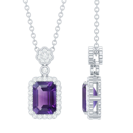 Genuine 1.1 Carat Emerald Cut Amethyst Vintage Necklace With Diamond Halo