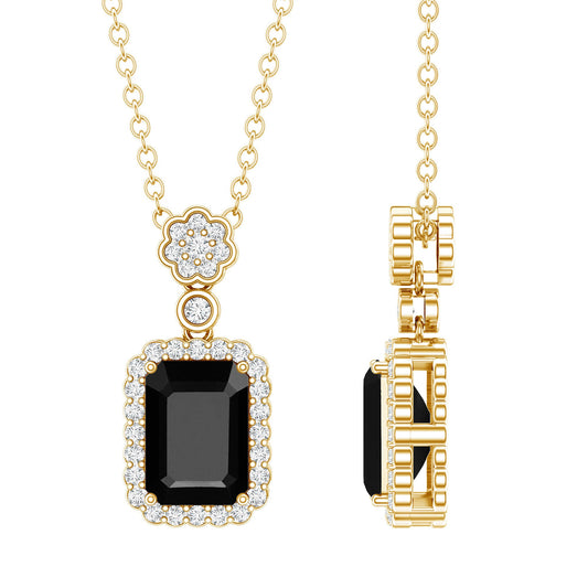 Vintage Style 1 Carat Emerald Cut Black Spinel Statement Necklace With Diamond Halo