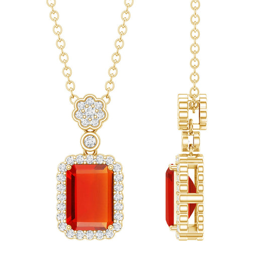 Vintage Style 1 Carat Emerald Cut Fire Opal Necklace With Diamond