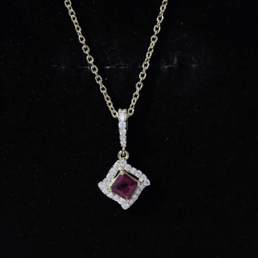 Princess Cut Rhodolite and Diamond Halo Pendant Necklace
