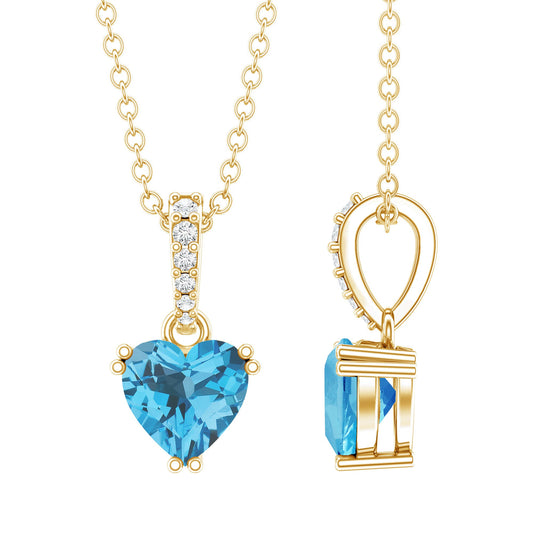 0.9 Carat Swiss Blue Topaz Solitaire And Diamond Heart Necklace With Chain