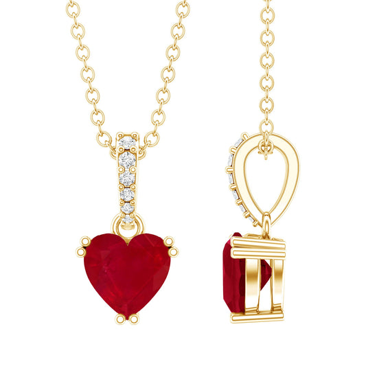 Natural 1 Carat Ruby Heart Necklace With Diamond Bail