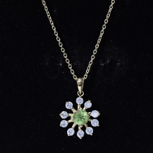 Green Peridot And Diamond Flower Pendant Necklace