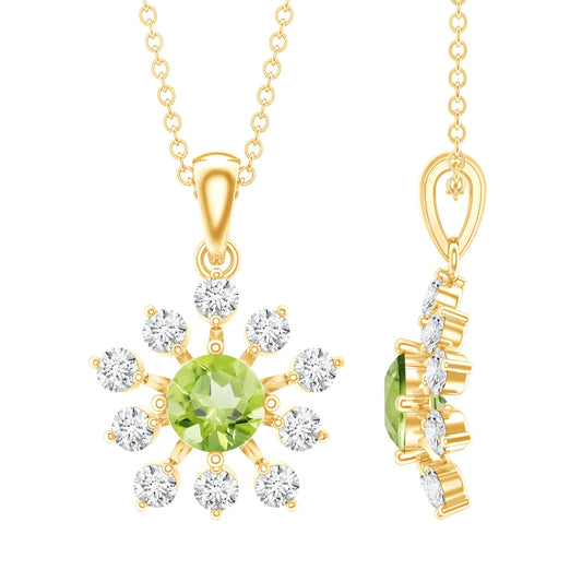 Green Peridot And Diamond Flower Pendant Necklace