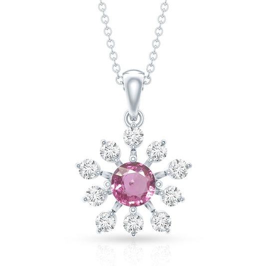 Genuine 0.58 Carat Pink Sapphire And Diamond Flower Pendant Necklace