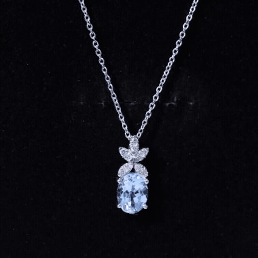 Natural 1.7 CT Oval Aquamarine Flower Necklace With Lab Grown Diamonds