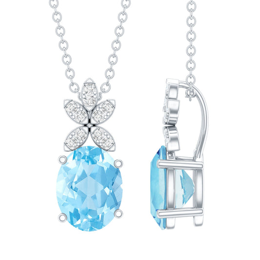 Natural 1.7 CT Oval Aquamarine Flower Necklace With Lab Grown Diamonds