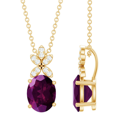 Oval 2.5 Carat Rhodolite Pendant Necklace With Diamond Flower