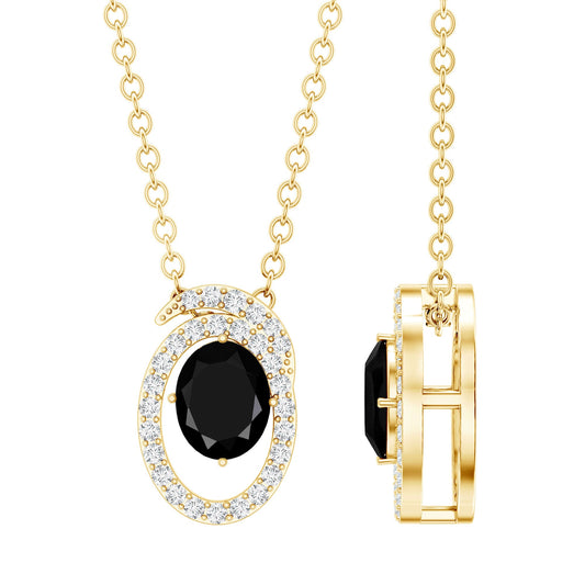 Natural Oval Shape Black Onyx Necklace With Lab Diamond