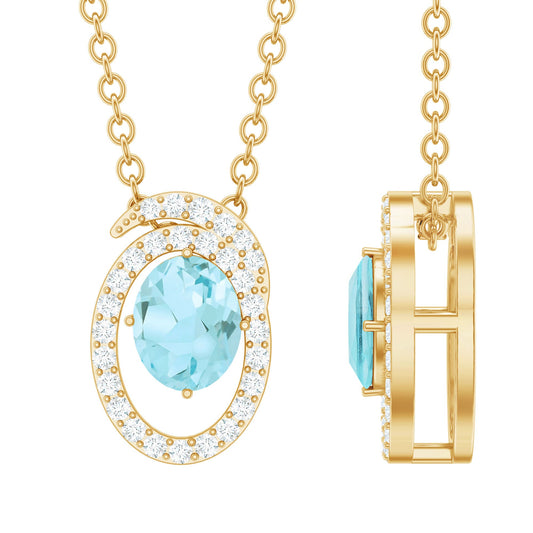 Natural Oval Sky Blue Topaz Diamond Necklace With Silver Chain