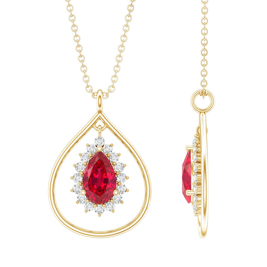 1.3 Carat Lab Grown Ruby Teardrop Necklace With Lab Diamond
