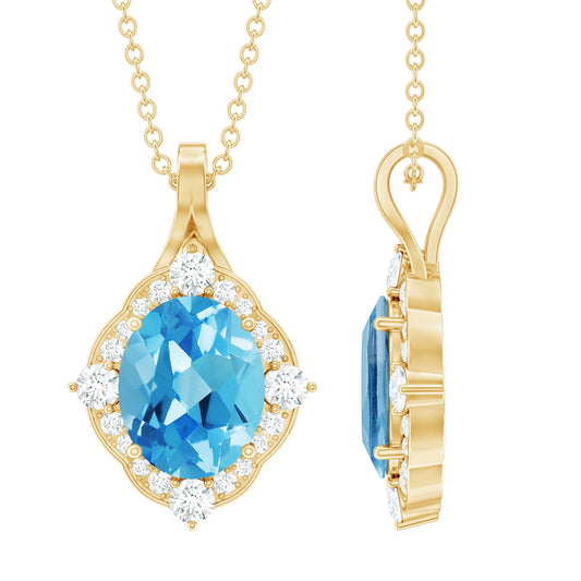 Vintage Style 2.5 Carat Swiss Blue Topaz And Diamond Necklace With Silver Chain