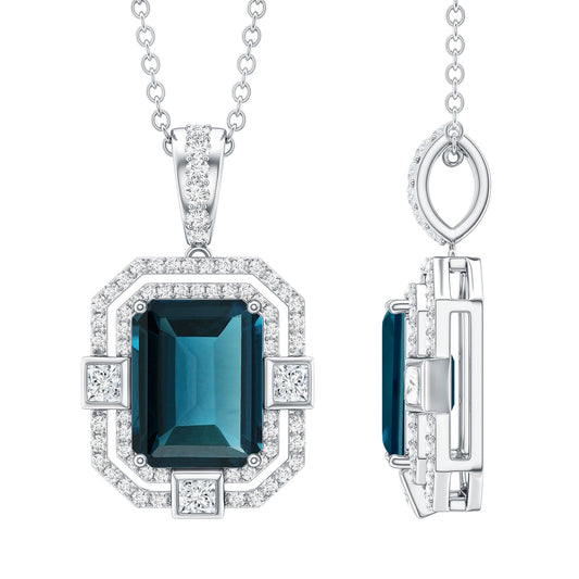 Certified 1.8 Carat Emerald Cut London Blue Topaz Vintage Necklace With Silver Chain
