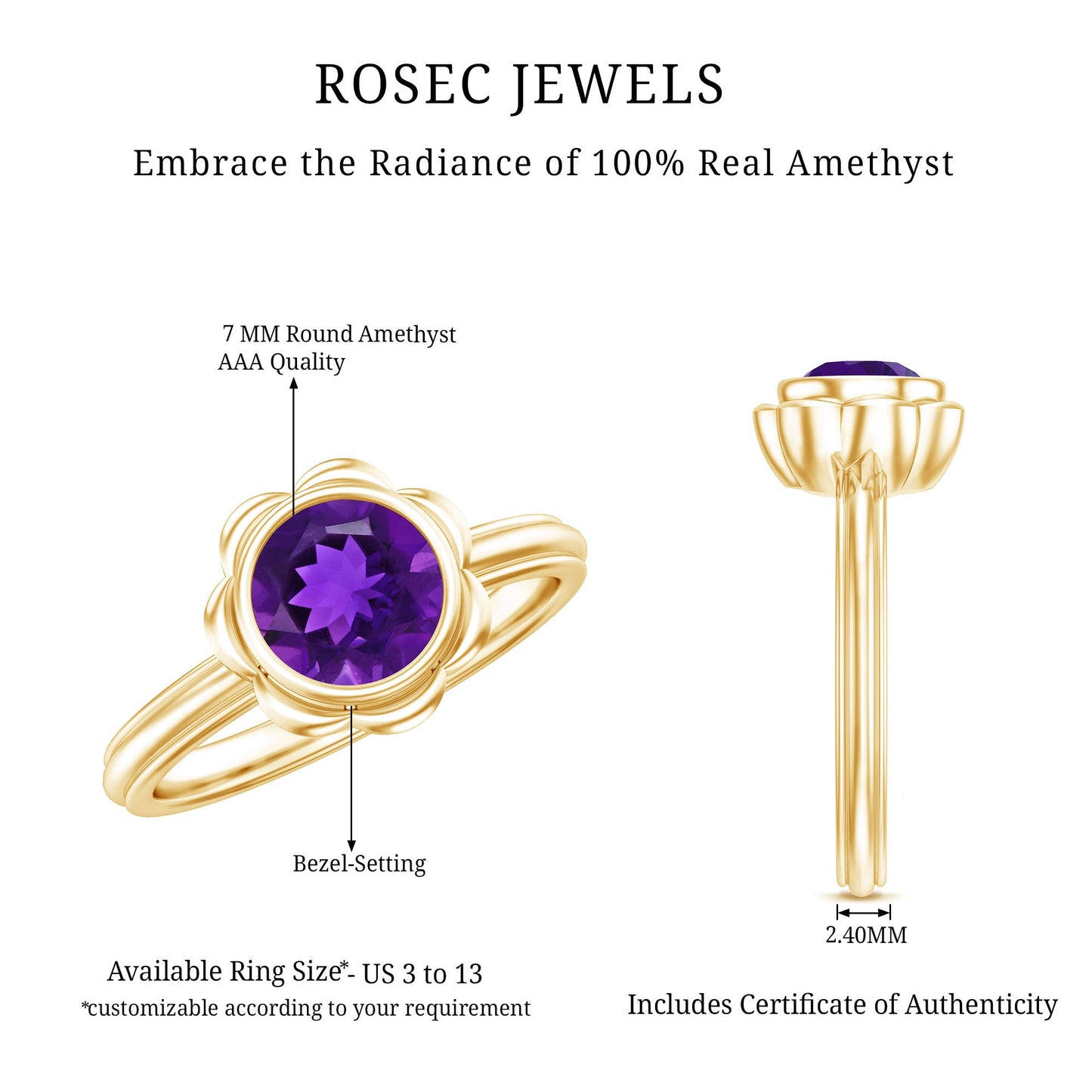 1 Carat Amethyst Engagement Ring in Bezel Setting