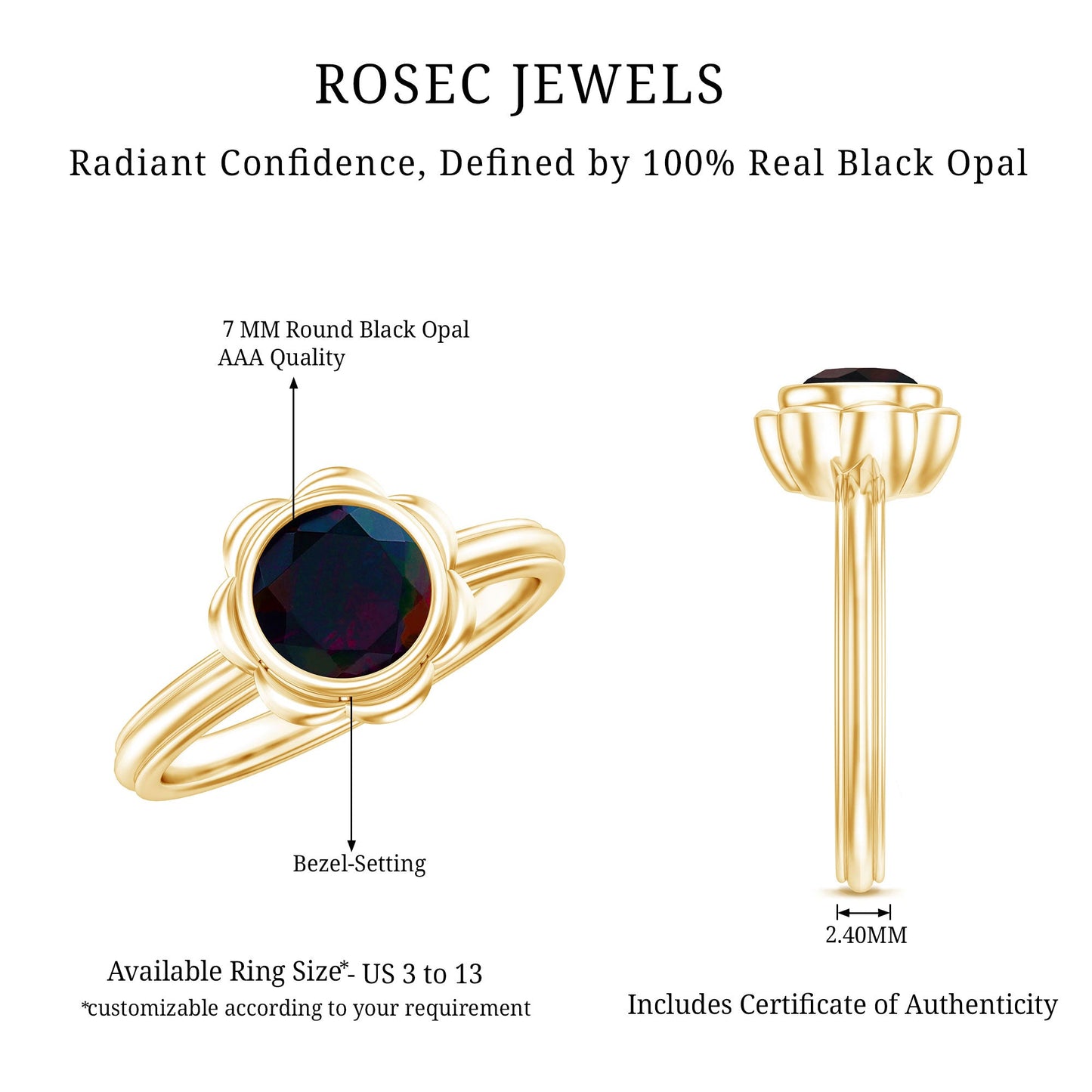 1.5 Carat Round Cut Black Opal Solitaire Engagement Ring in Bezel Setting