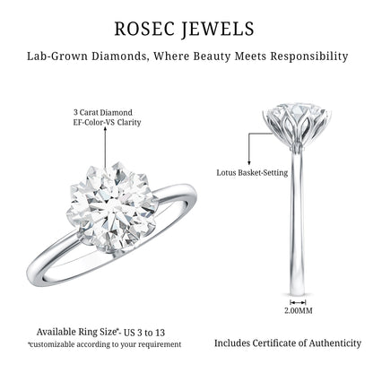 Lotus Basket Set Lab Grown Diamond 3 Carat Engagement Ring with IGI Certificate