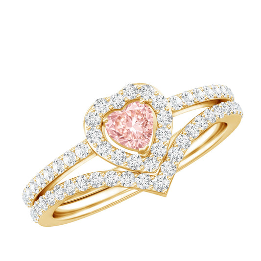 Heart Shape Lab Grown Pink And White Diamond Wedding Ring Set With IGI Certificate