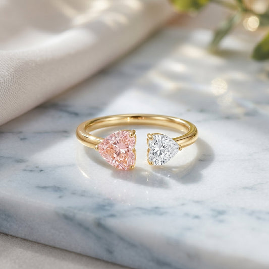 Heart Shape Lab Grown Pink White Diamond Toi Et Moi Promise Ring With IGI Certificate
